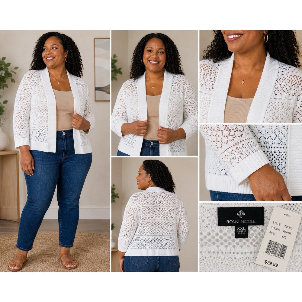 NWT Ronni Nicole White Open Knit Cardigan Sweater XXL Lightweight Crochet